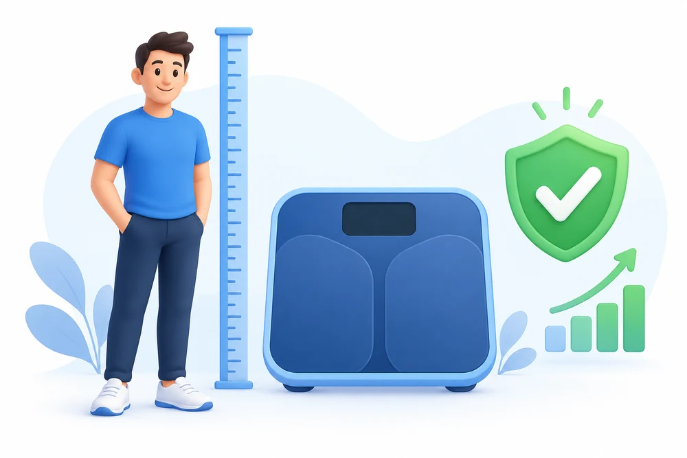 Friendly illustration of height measurement, a scale and a screening information symbol