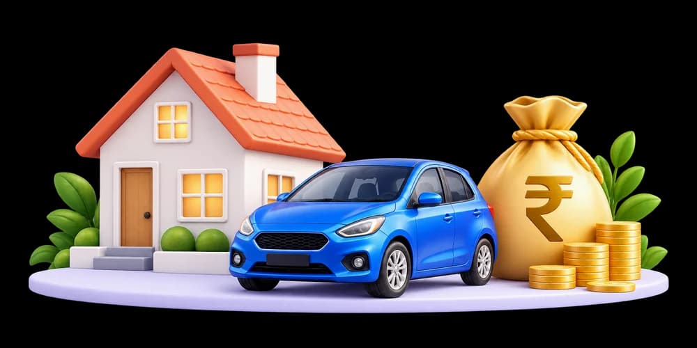 Illustration of a home, blue car, rupee bag and coins