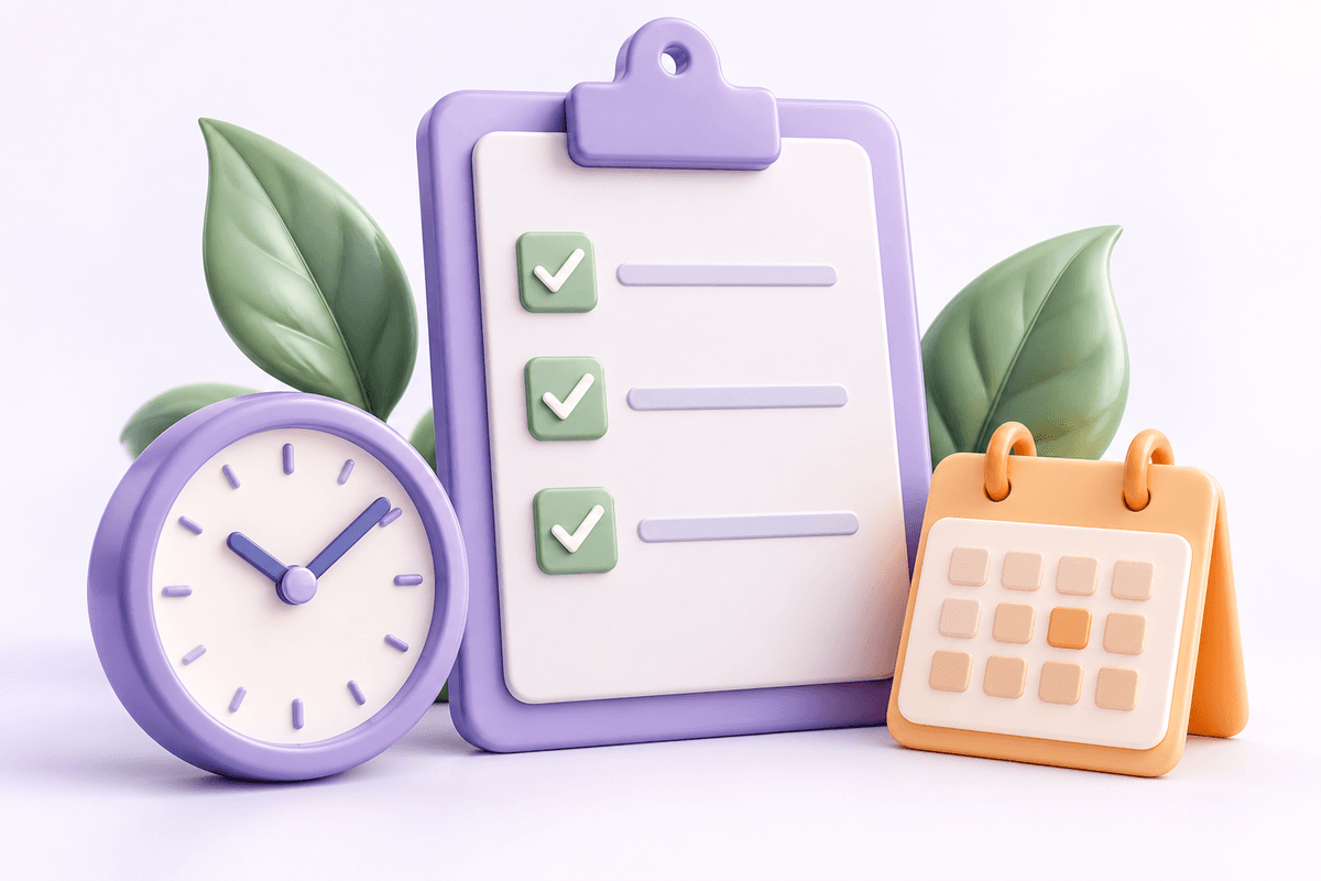 A calm arrangement of a checklist, clock, and calendar
